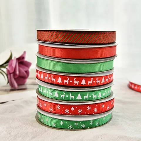 Christmas Ribbon Polyester Grosgrain Satin Snowflake Reindeer Tree Printed Holiday Gift Wrapping Decoration DIY Craft