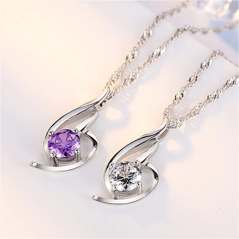 Elegant Copper Zirconia Angel Wings Pendant Necklace Round Cut Purple White Stone Clavicle Chain Jewelry For Women Gift