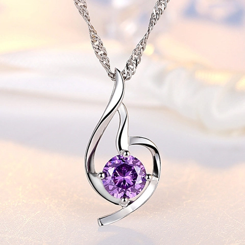 Elegant Copper Zirconia Angel Wings Pendant Necklace Round Cut Purple White Stone Clavicle Chain Jewelry For Women Gift