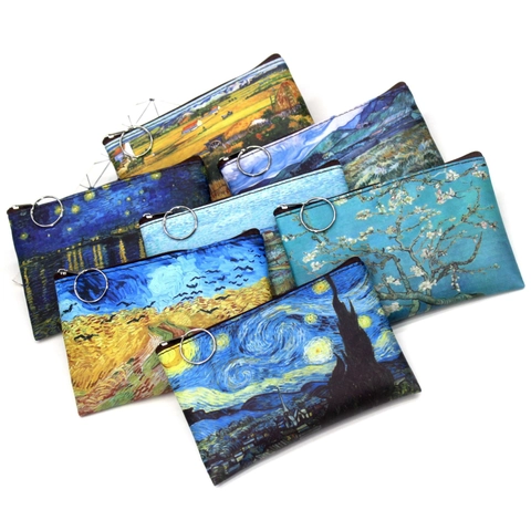 Vintage Oil Painting Print Coin Purse PU Leather Zippered Small Wallet With Keychain Ring Artistic Pouch For Women Girls