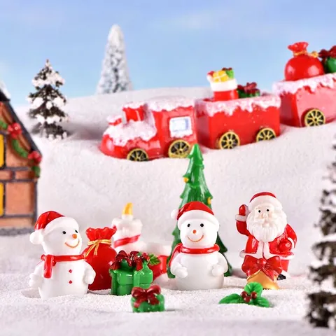 Christmas Miniature Resin Ornaments Santa Claus Snowman Train Tree Micro Landscape Desktop Decor Festive Figurine Accessory
