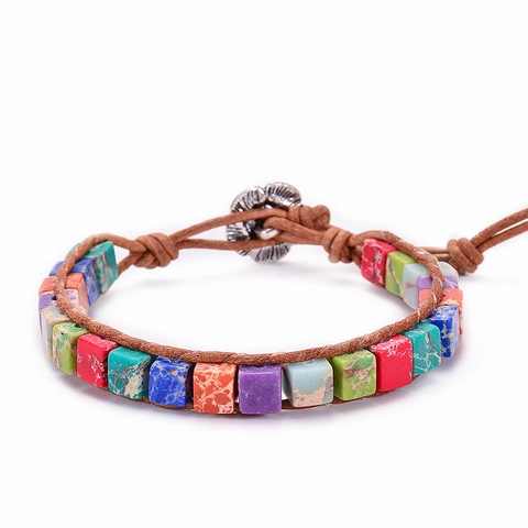 Bohemian Wrap Bracelet Natural Emperor Stone Amazonite Lapis Lazuli Genuine Leather Handmade Yoga Ethnic Flower Buckle