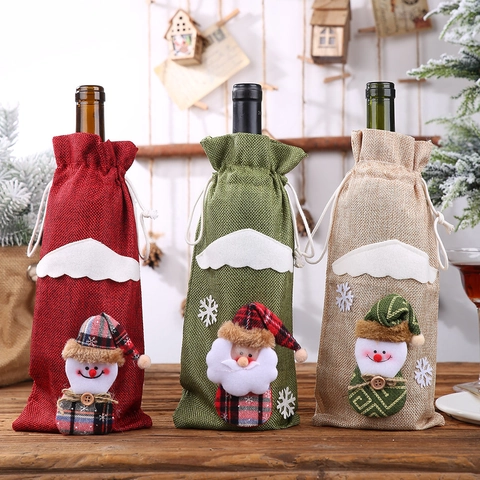 Christmas Wine Bottle Covers Linen Burlap Bag Santa Snowman Reindeer Dolls Drawstring Festive Table Dinner Party Decor