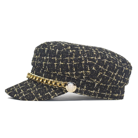 Damen Schirmmütze Tweed Goldfaden Metallkette Vintage Baker Boy Hut Herbst Winter Retro Flache Mütze