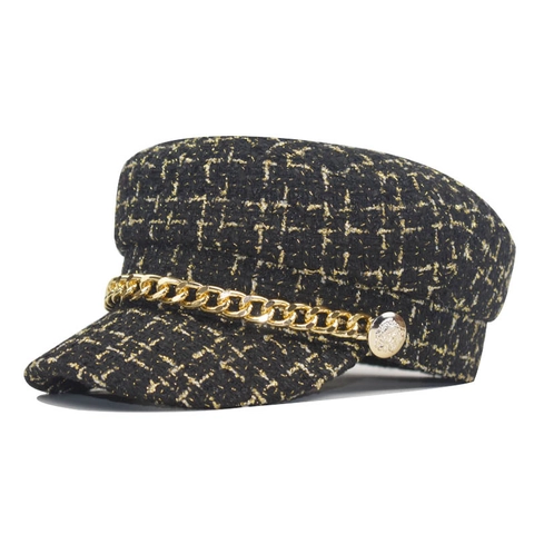 Damen Schirmmütze Tweed Goldfaden Metallkette Vintage Baker Boy Hut Herbst Winter Retro Flache Mütze