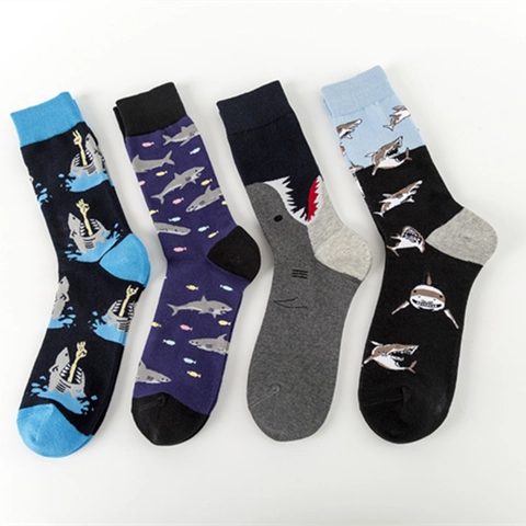 Herren Casual Hai Muster Baumwollmischung Socken Streetwear Color-Blocking Atmungsaktive Mittelhoch Socken Für Alltag