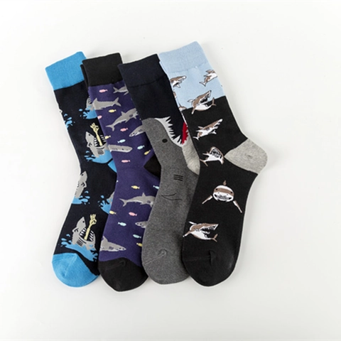 Herren Casual Hai Muster Baumwollmischung Socken Streetwear Color-Blocking Atmungsaktive Mittelhoch Socken Für Alltag