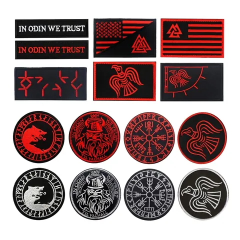 Écusson Brodé Viking Patch Morale Tactique Auto-Agrippant Badge Odin Loup Corbeau Valknut Boussole Rune Pour Vêtements Sac