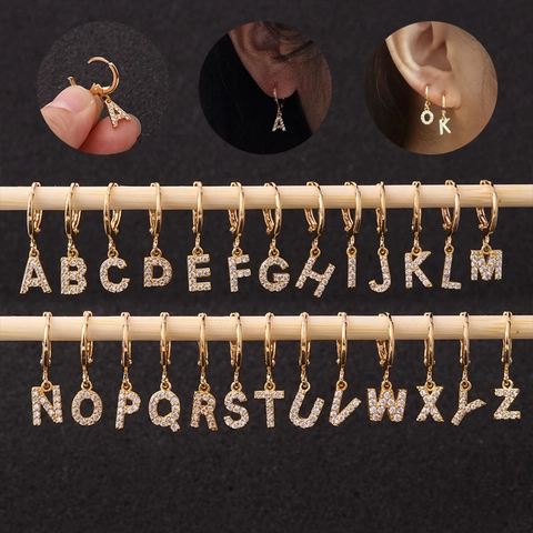 Orecchini A Cerchio Per Cartilagine Lettera Iniziale Zirconi Chiari Intarsiati Ottone Gioielli Piercing Moda