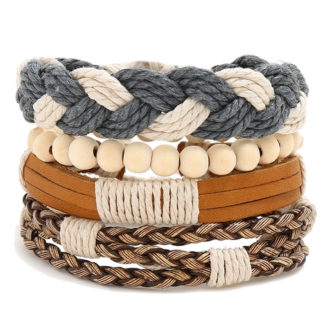 Men Vintage Bracelet Genuine Cowhide Leather Wood Beads Hemp Rope Woven Layered Bohemian Adjustable Ethnic Casual Jewelry