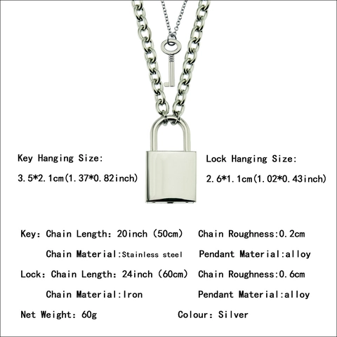 Set di Collane a Strati in Lega Punk Hip Hop Con Ciondoli a Forma di Lucchetto e Chiave Catena Cubana Argento per Uomo Donna Gioielli