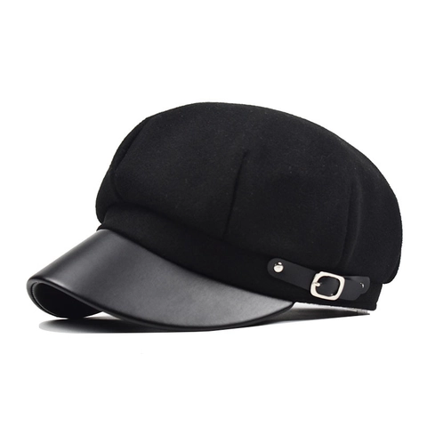 Schiebermütze Für Damen Wollene Achteckige Mütze Mit PU Leder Schirm Retro Britischer Stil Baker Boy Cabbie Flach