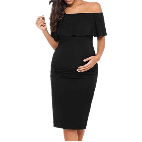 Maternity Off The Shoulder Ruffle Midi Dress Ruched Side Bodycon Solid Color Pregnancy Wear Polyester Cotton
