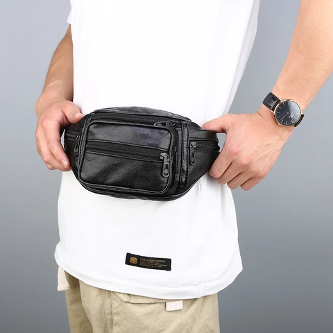 Riñonera De Negocios Para Hombre Cuero Oveja PU Cremallera Multicapa Bolso De Pecho Impermeable Para Viajes Al Aire Libre Negro