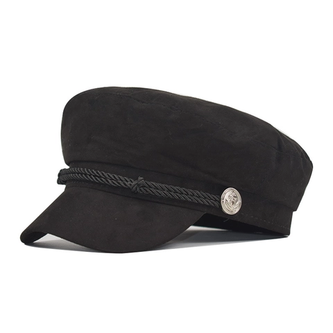 Women Vintage Faux Suede Newsboy Cap Solid Color Flat Top Sailor Hat With Braided Rope And Anchor Buttons British Style