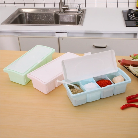 Scatola per Condimenti da Cucina in Plastica Multifunzionale a 4 Griglie Contenitore per Spezie Diviso Con Cucchiai e Coperchi