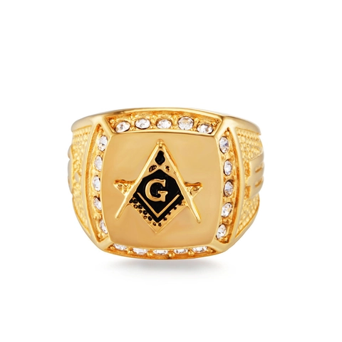 Masonic Signet Ring Men Alloy Gold Plated Freemasonry Symbol Rhinestone Inlaid Hip Hop Vintage Punk Jewelry