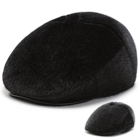 Men Winter Flat Cap Faux Fur Warm Forward Hat With Ear Flaps Fleece Lined Solid Color Thickened Thermal
