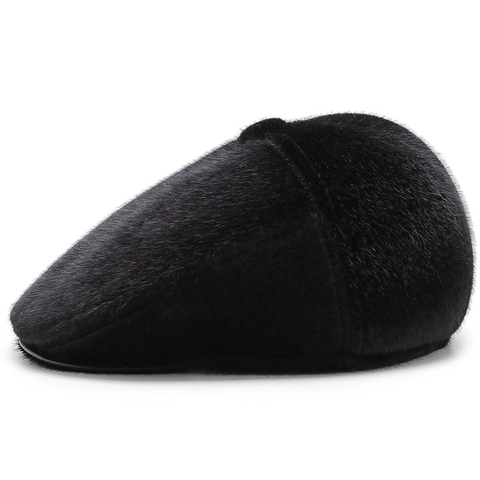 Men Winter Flat Cap Faux Fur Warm Forward Hat With Ear Flaps Fleece Lined Solid Color Thickened Thermal