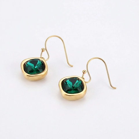 Square Faceted Gemstone Hook Earrings Gold Plated Stainless Steel Simple Elegant Fashion Jewelry For Women
