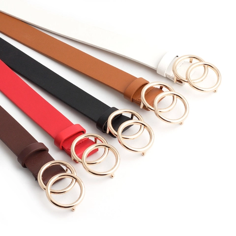 Women's Retro Faux Leather Belt With Gold Alloy Double Ring Buckle Fashion Vintage Waist Strap For Jeans Dresses Casual Accessory