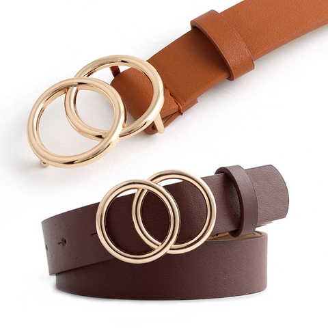 Women's Retro Faux Leather Belt With Gold Alloy Double Ring Buckle Fashion Vintage Waist Strap For Jeans Dresses Casual Accessory