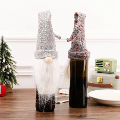 Christmas Wine Bottle Cover Gnome Tomte Decoration Knitted Fabric Faux Fur Beard Long Hat Nordic Style Holiday Table Gift