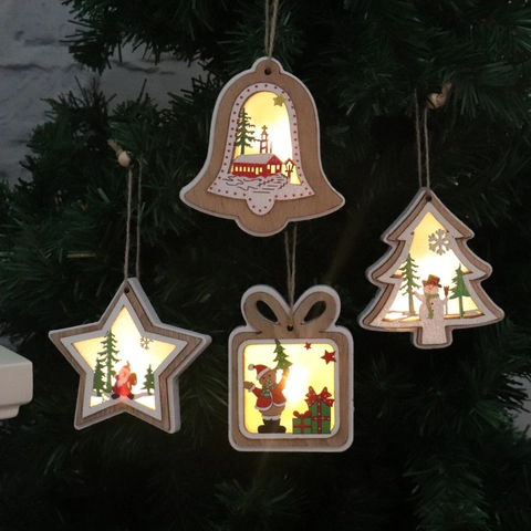 Christmas Hanging Ornaments Wooden LED Glowing Light Up Xmas Tree Bell Star Shapes Festive Home Decor Novelty