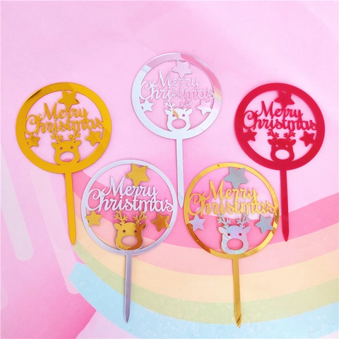 Christmas Cake Topper Acrylic Merry Christmas Reindeer Star Design Mirror Finish Round Party Dessert Decoration