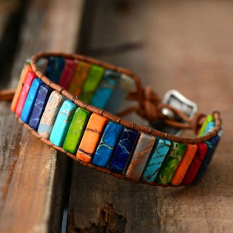 Bracciale Avvolgente In Pelle Intrecciata Pietra Di Diaspro Naturale Colorata Boho Fibbia In Lega Albero Della Vita Gioielli