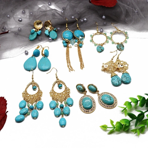 Orecchini Pendenti Boho Lega Turchese Strass Nappa Lunga Cavo Vintage Gioielli Etnici Per Donne