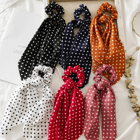 Polka Dot Scrunchie Met Lang Lint Streamer Chiffon Stof Elastische Haarband Voor Vrouwen Meisjes Haaraccessoires