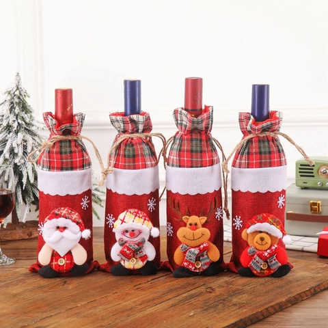 Housse De Bouteille De Vin De Noël En Toile De Jute À Carreaux Père Noël Bonhomme De Neige Renne Ours Poupée Sac Décoratif