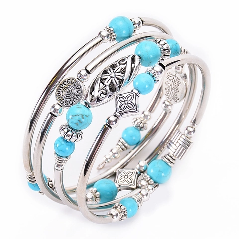 Bohemian Multi-Layer Natural Stone Wrap Bracelet For Women Vintage Ethnic Turquoise Tiger Eye Alloy Beads Bracelet Jewelry Gift