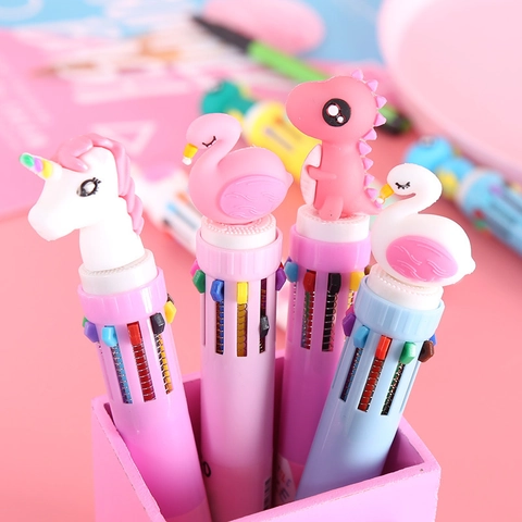 Multi Color Ballpoint Pens Cartoon Unicorn Flamingo Dinosaur Bear Topper Retractable Writing Pens For School Office Students Gift