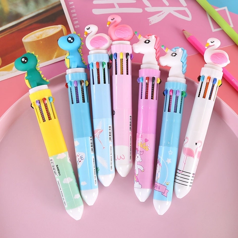 Multi Color Ballpoint Pens Cartoon Unicorn Flamingo Dinosaur Bear Topper Retractable Writing Pens For School Office Students Gift