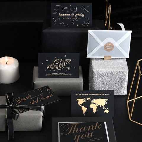 Elegant Gold Stamping Black Greeting Card With Envelope Round Seal Sticker For Birthday Wedding Business Gift Cardboard