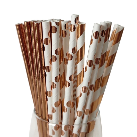 Disposable Paper Straws Rose Gold Metallic Foil Patterns For Party Birthday Wedding Beverage Decorative Drinkware