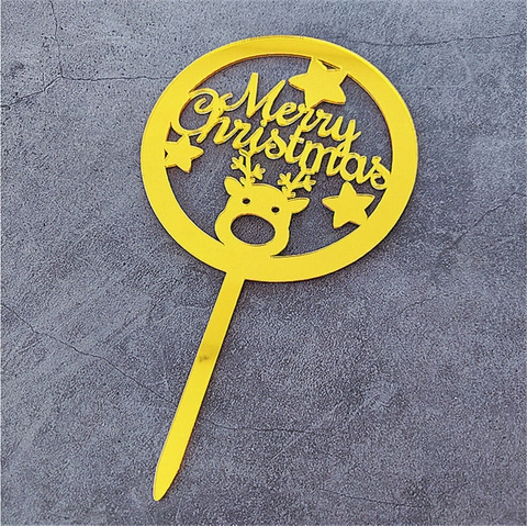 Christmas Cake Topper Acrylic Merry Christmas Reindeer Star Design Mirror Finish Round Party Dessert Decoration