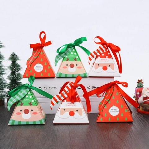 Boîtes Cadeaux De Noël Forme Pyramide Emballage Bonbons Avec Ruban Carton Dessin Animé Père Noël Renne Faveur De Fête