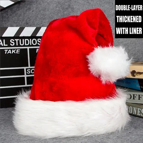 Double Layer Plush Santa Hat With Comfort Lining Thickened Red White Christmas Costume Cap For Adults And Children
