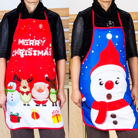 Christmas Apron Polyester Washable Kitchen Cooking Holiday Party Santa Snowman Reindeer Print Adult Decor Accessory