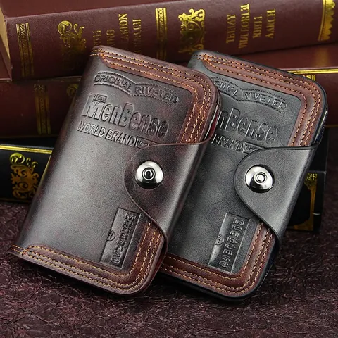Herren Trifold Geldbörse PU Leder Große Kapazität Mehrere Kartenfächer Druckknopf Vintage Business Casual Kurzes Portemonnaie