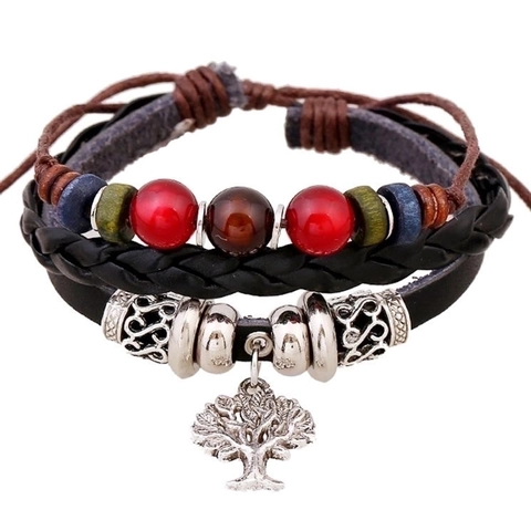 Braided Cowhide Leather Bracelet With Alloy Tree Of Life Pendant And Wood Beads Adjustable Drawstring Vintage Unisex Jewelry