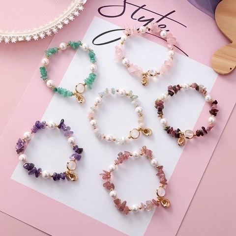 Bohemian Beach Bracelet Natural Crushed Stone And Artificial Pearl Elastic Hand Chain Gold Shell Charm Holiday Jewelry For Women
