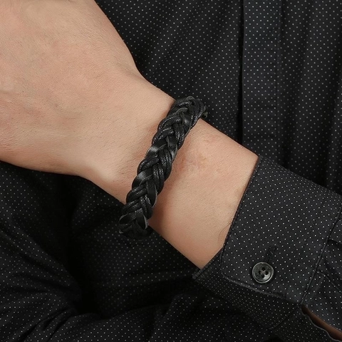 Pulsera De Cuero De Vaca Trenzado Para Hombre Con Cierre Magnético De Acero Inoxidable Estilo Retro Multicapa Joyería