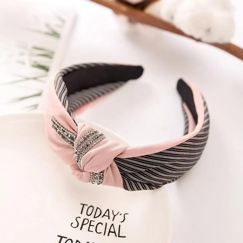 Breedgerande Stoffen Hoofdband Met Steentjes Knoop Gestreept Mode Haarband Voor Vrouwen Trendy Handgemaakte Hoofdtooi