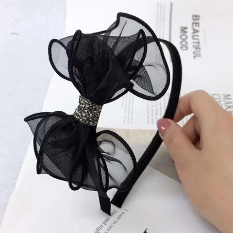 Large Bow Headband Mesh Tulle Rhinestone Center Sweet Elegant Hair Hoop Accessory For Women Girls Solid Color Headwear
