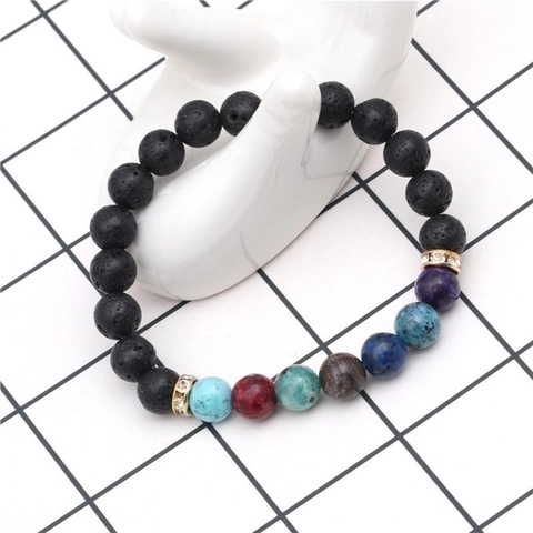 Handmade 7 Chakra Healing Lava Stone Beaded Bracelet Unisex Stretch Rhinestone Spacers Spiritual Yoga Meditation Jewelry Gift