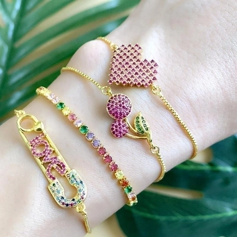 Fashion Gold Plated Brass Bracelet With Colorful Cubic Zirconia Adjustable Slider Clasp Heart Cherry Love Charm Jewelry